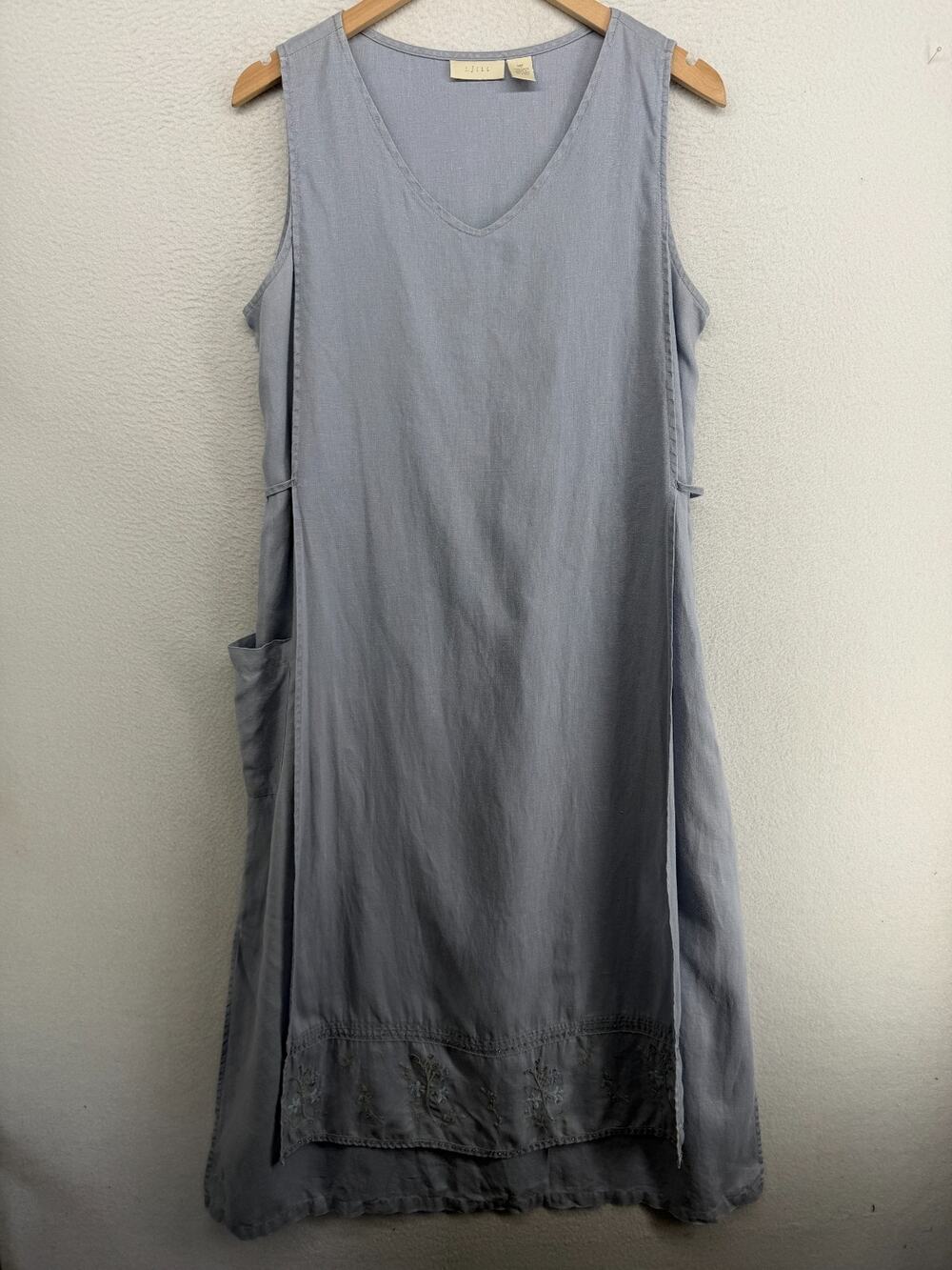 J.JILL Dress PM Linen Apron Pinafore Lagenlook Overlay Side Tie 90s Blue HK VTG